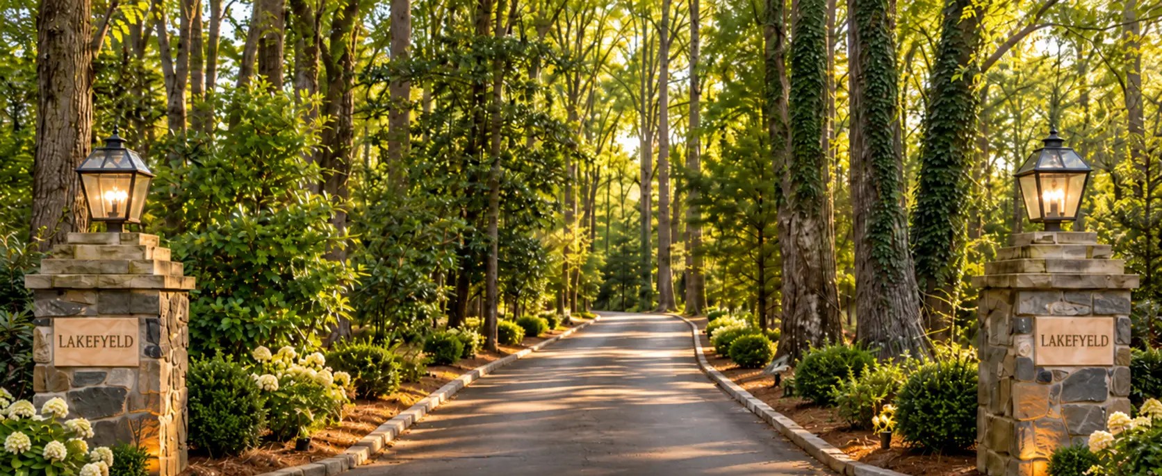 The tree-lined entrance to Lakefyeld Farm: stone pillars with lanterns at the head of the driveway